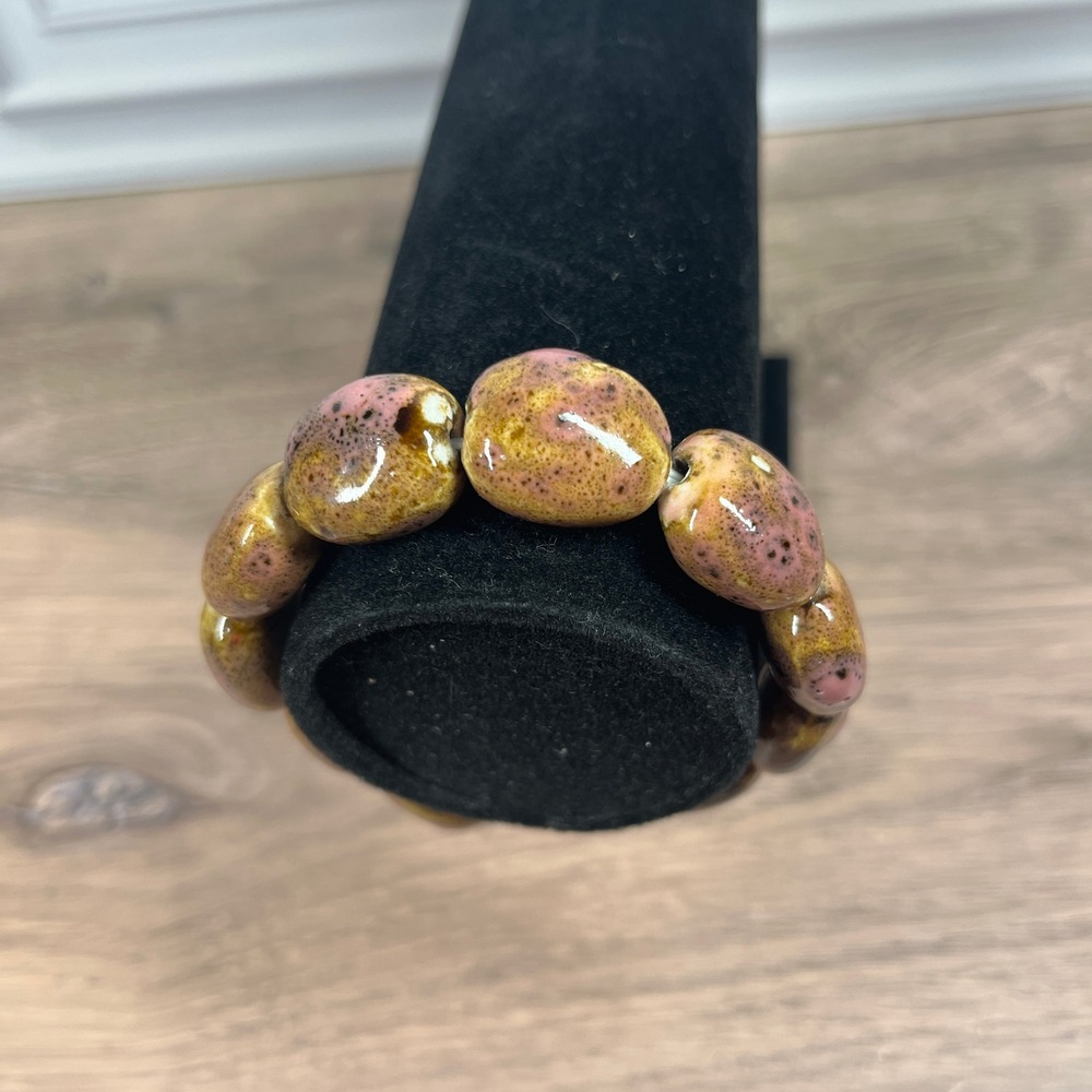 Artisan Ceramic Bead Stretch Bracelet 7 in Pink Mustard Speckled‎ Boho - Picture 5 of 7
